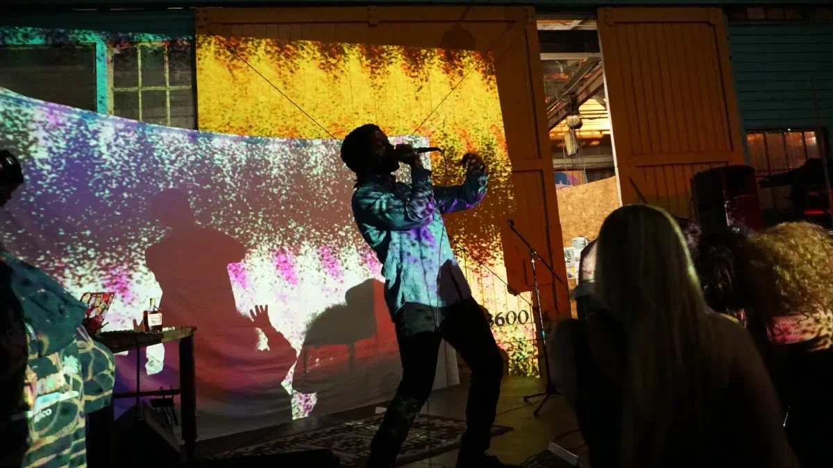 Silhouetted performer at an outdoor festival backdrop