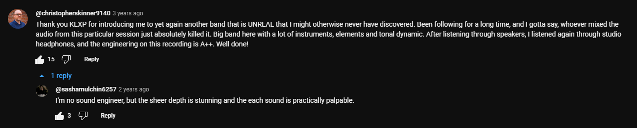 YouTube comment from @christopherskinner9140 praising the mixing of the High Pulp KEXP in-studio session